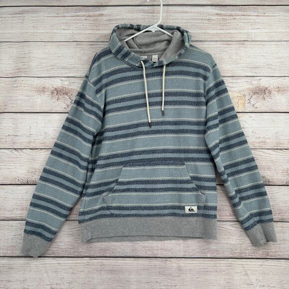 QuikSilver Striped terry Cloth Hoodie Sweatshirt Mens Large Blue Pullover - Picture 1 of 14